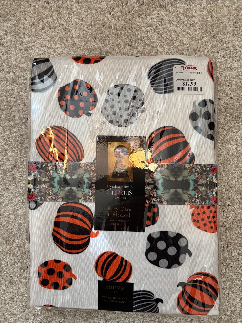 Cynthia Rowley White Tablecloth with Orange and Black Pumpkin Dots -round